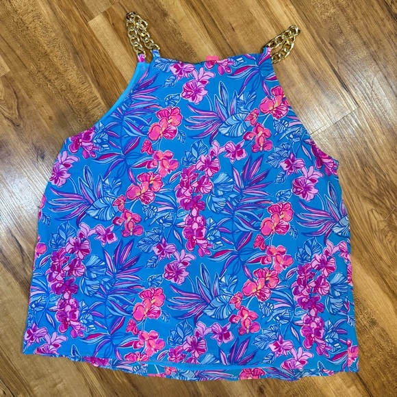 Lily Pulitzer Joanna Silk Top Bold Blue Floral Summer Gold Strap Blouse Size 6 - Picture 5 of 7